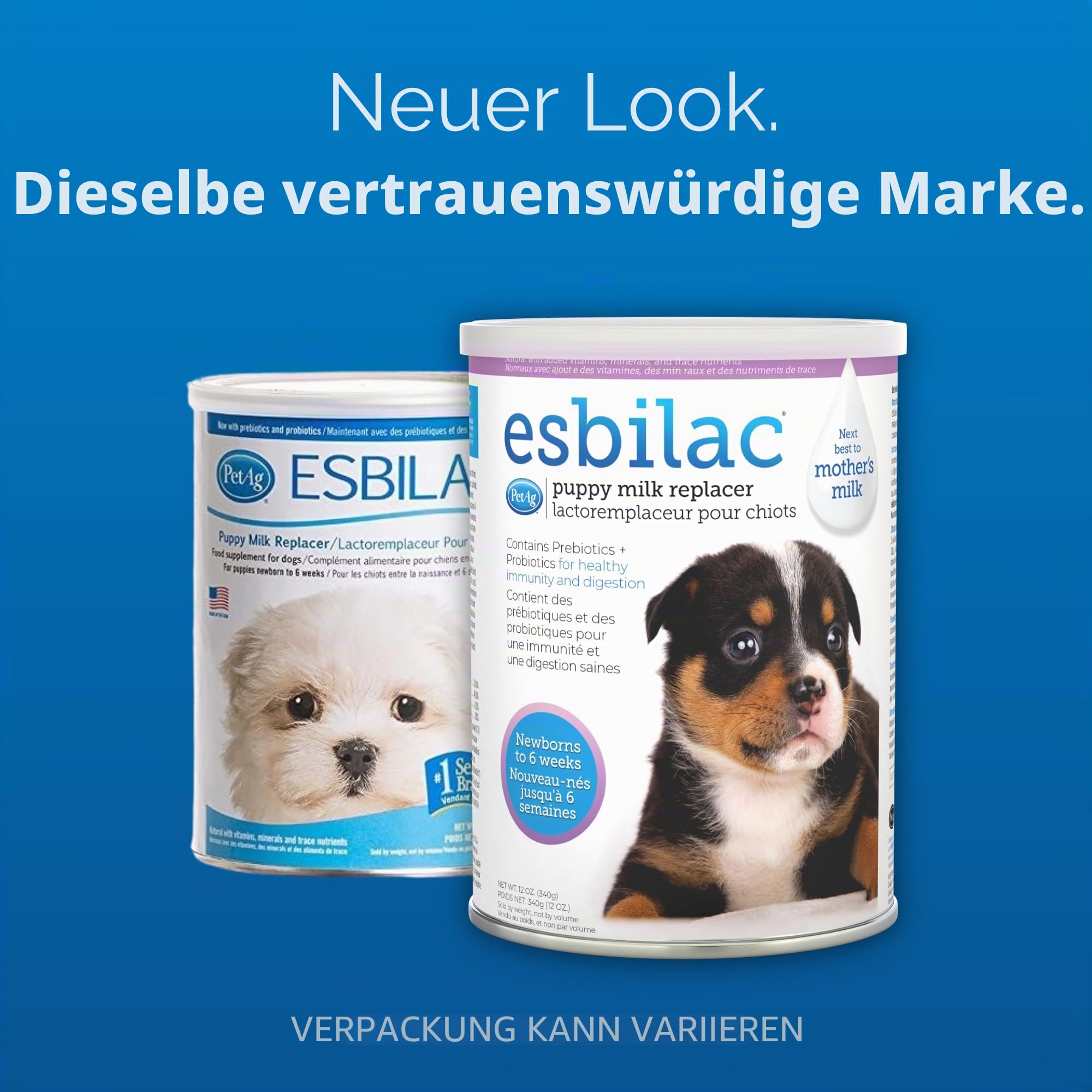 PetAg Esbilac Welpenmilchersatz-Pulver, 340 ml, gepuderte Welpenformel mit Präbiotika, Probiotika und Vitaminen für Welpen, Neugeborene bis sechs Wochen, leicht verdaulich