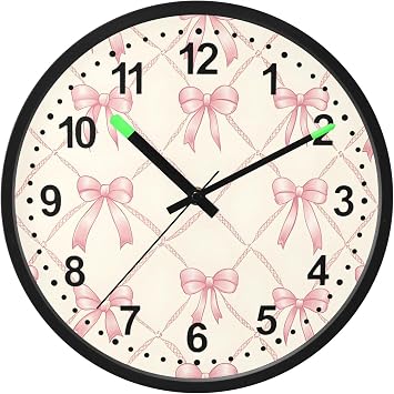 SUABO Pink Bow Rhombus Plaid Pattern Night Light Wall Clock 12 Inch, Glow in The Dark Large Digital Display, Silent Battery Operated LED Wall Clocks for Bedroom Living Room Kitchen