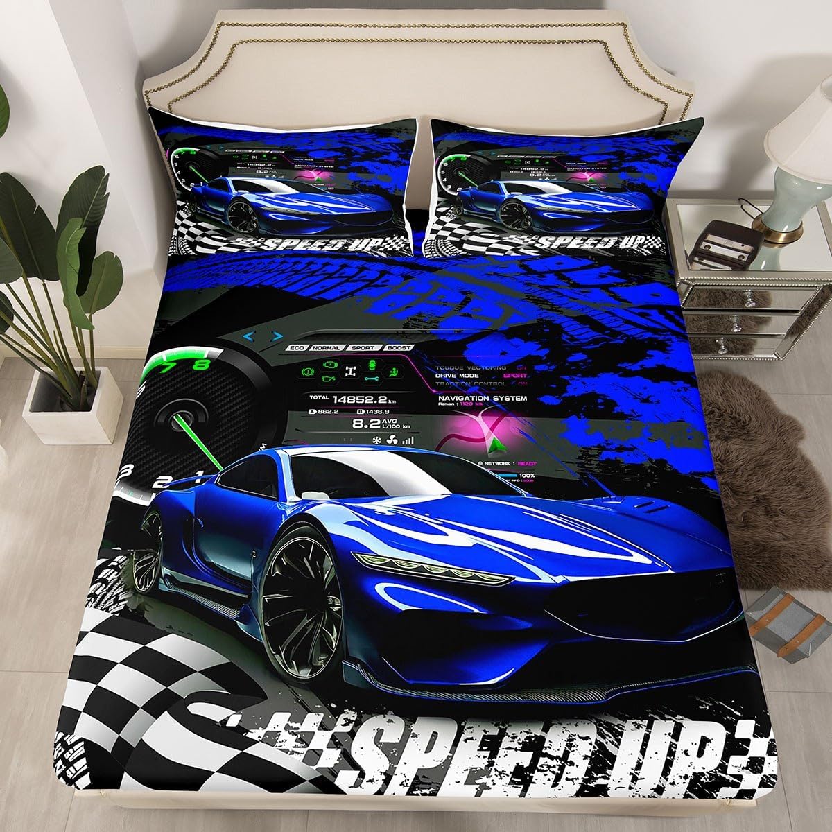Feelyou Kids Boys & Girls Blue Race Car Bedding Set - Full Sports Car Bed Sheet Set - Buffalo Plaid Bed Cover & 2 Pillow Cases