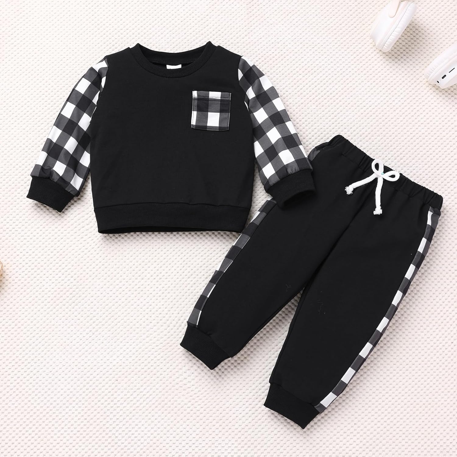 FYMNSI Newborn Baby Boys Sweatshirt Sweatpants Set Pullover Toddler Sweatsuits Athletic 2PCS Jogger Outfits Tracksuit Long Sleeve Checkered Casual Fall Winter Clothes Outfits Outerwear Black 12-18M - Image 3