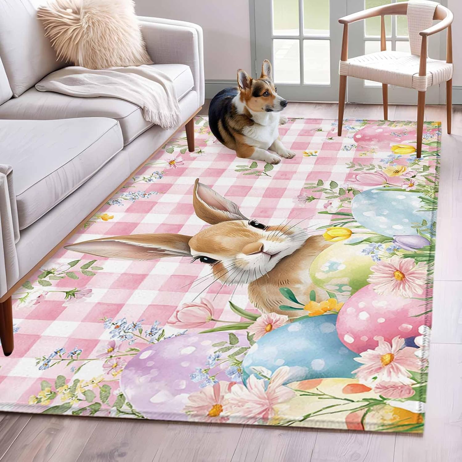 Easter Rabbit Area Rugs 4x6 ft Spring Floral Colored Eggs Pink Plaid Washable Rug Non Slip Indoor Carpet Absorbent Floor Mat for Living Room Bedroom Dining Room