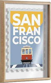 Kate and Laurel Blake Stamp San Francisco Framed Printed Glass Wall Art by Rocket Jack, 18 x 24 Natural, Decorative Travel Art for Wall