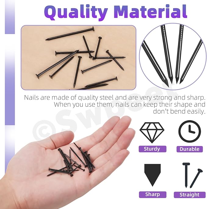 Kit de clavos Swpeet, 500 piezas en 4 tamaños, clavos galvanizados negros para colgar cuadros y decoraciones miniatura 4