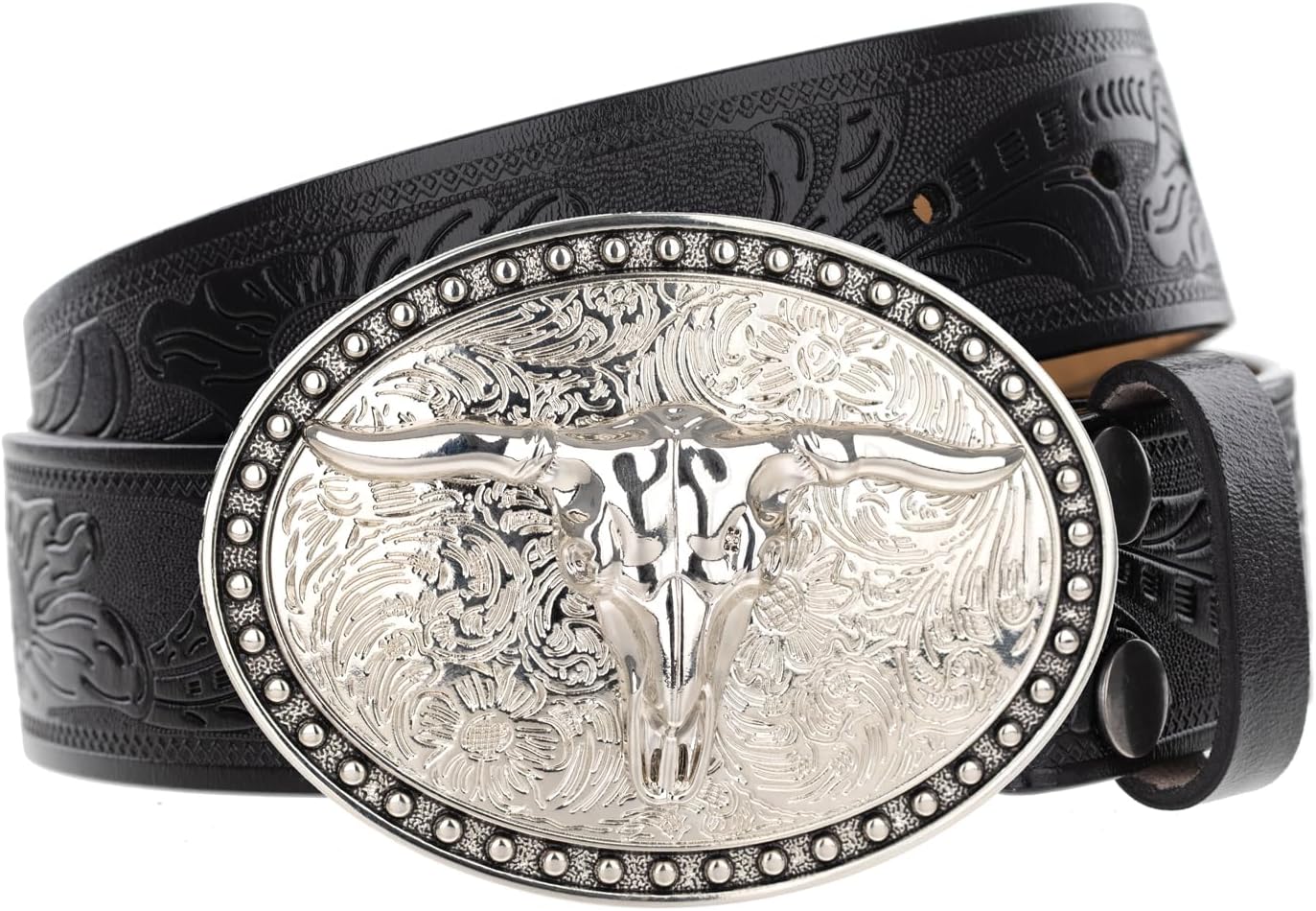 Western Leather Belts for Men Cowboy Belt Mens Engraved Bull Buckle Belts