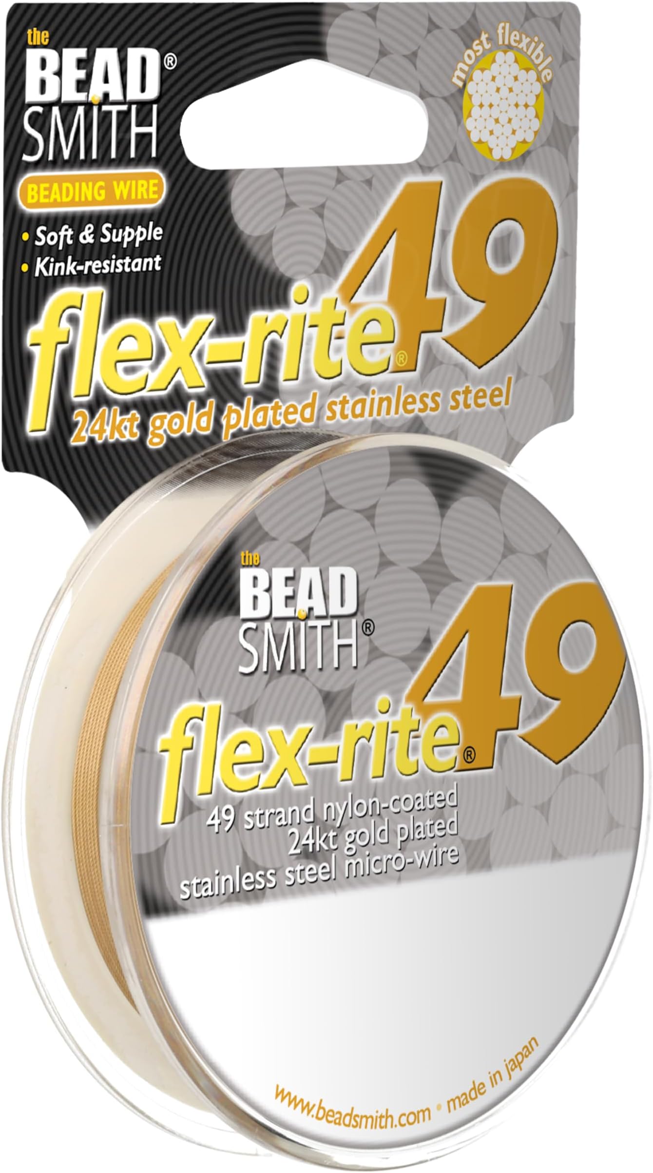 Beadsmith Flex Rite 24Kt Gold Plated Stainless Steel Beading Stringing Wire .018 Inch 10 Feet Nylon Coated 49 Strand Professional 24 Lb Break