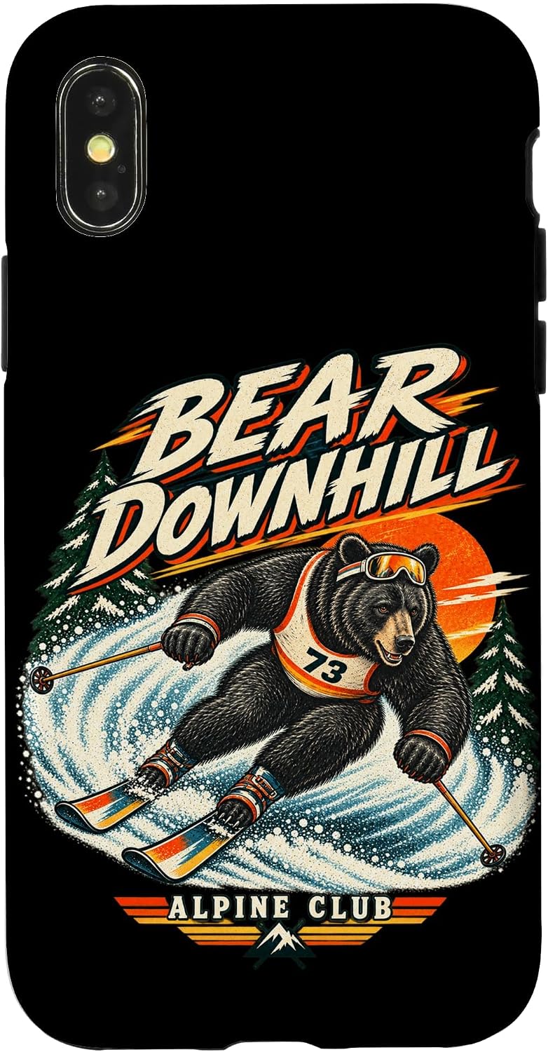 Bear Downhill Retro Skiing Adventure Wildlife Lover Case for iPhone X/XS
