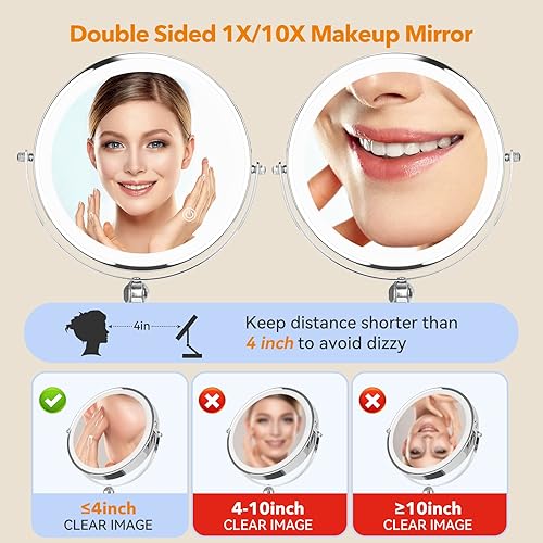 Miniatura 5 de Espejo de maquillaje de escritorio de altura ajustable con luz, 1x10x doble cara giratoria de 360 con aumento de 360 con base plegable y