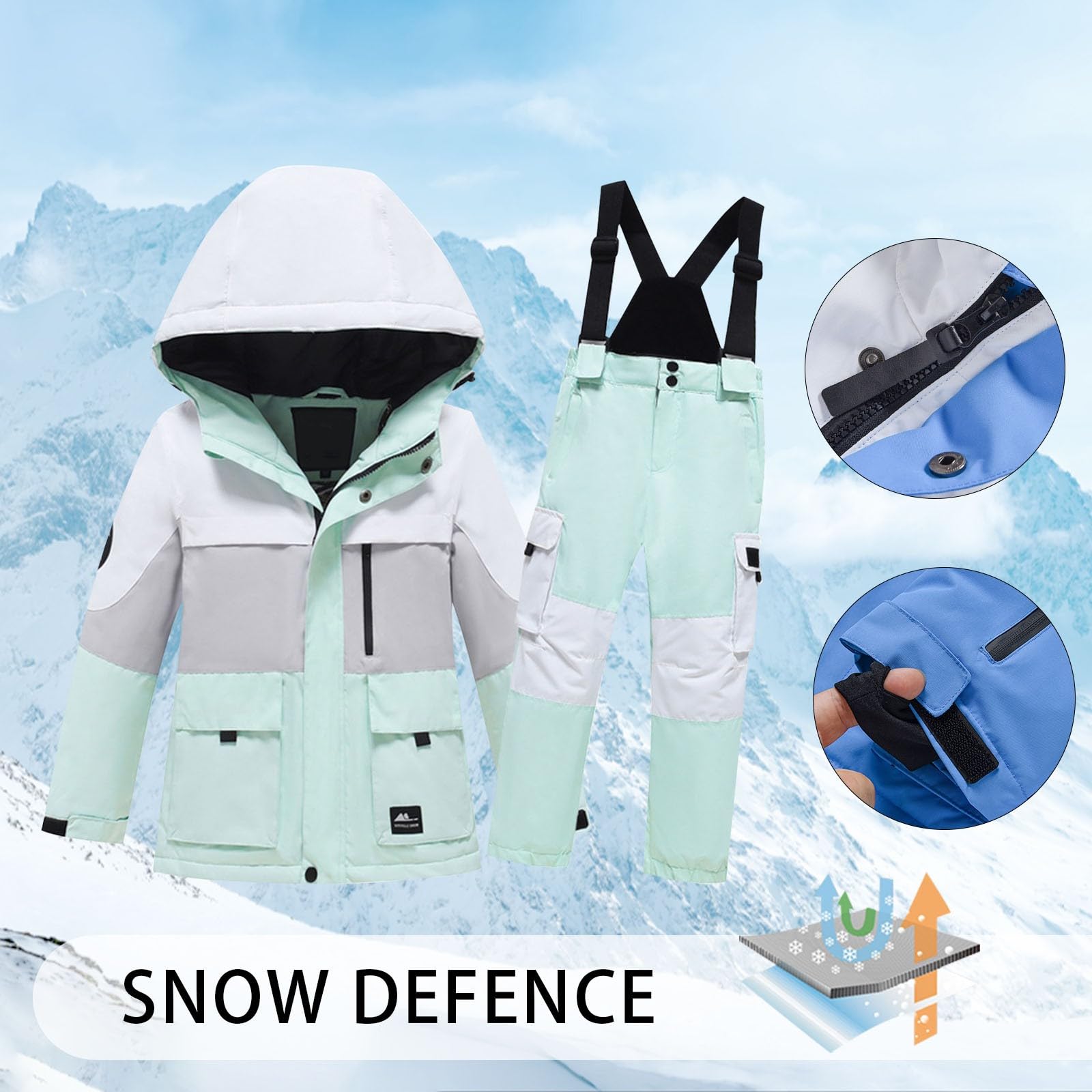 Traje de esquí para niños y niñas, estampado de manga larga, terciopelo grueso, cálido, resistente al viento y al agua, parte superior y pantalón, traje de 2 piezas para correr