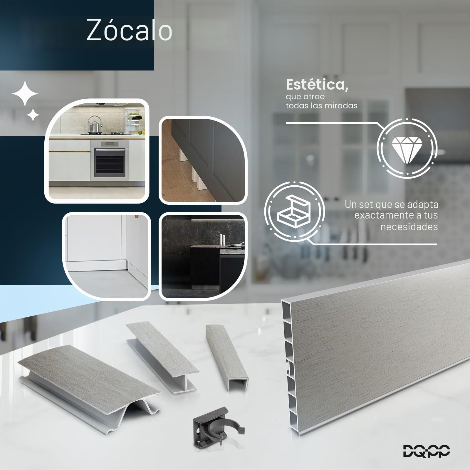 DQ-PP Zócalo de Aluminio Cepillado y Plástico para Cocina Empotrada - 1,5 m, 150 mm - Rodapiés y Perfil de Zócalo