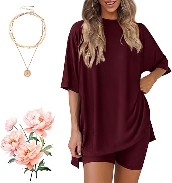 Cozymama Two Piece Set, Womens Summer Two-Piece Set, Solid-Color Simple Summer Casual Oversized Shirts Shorts