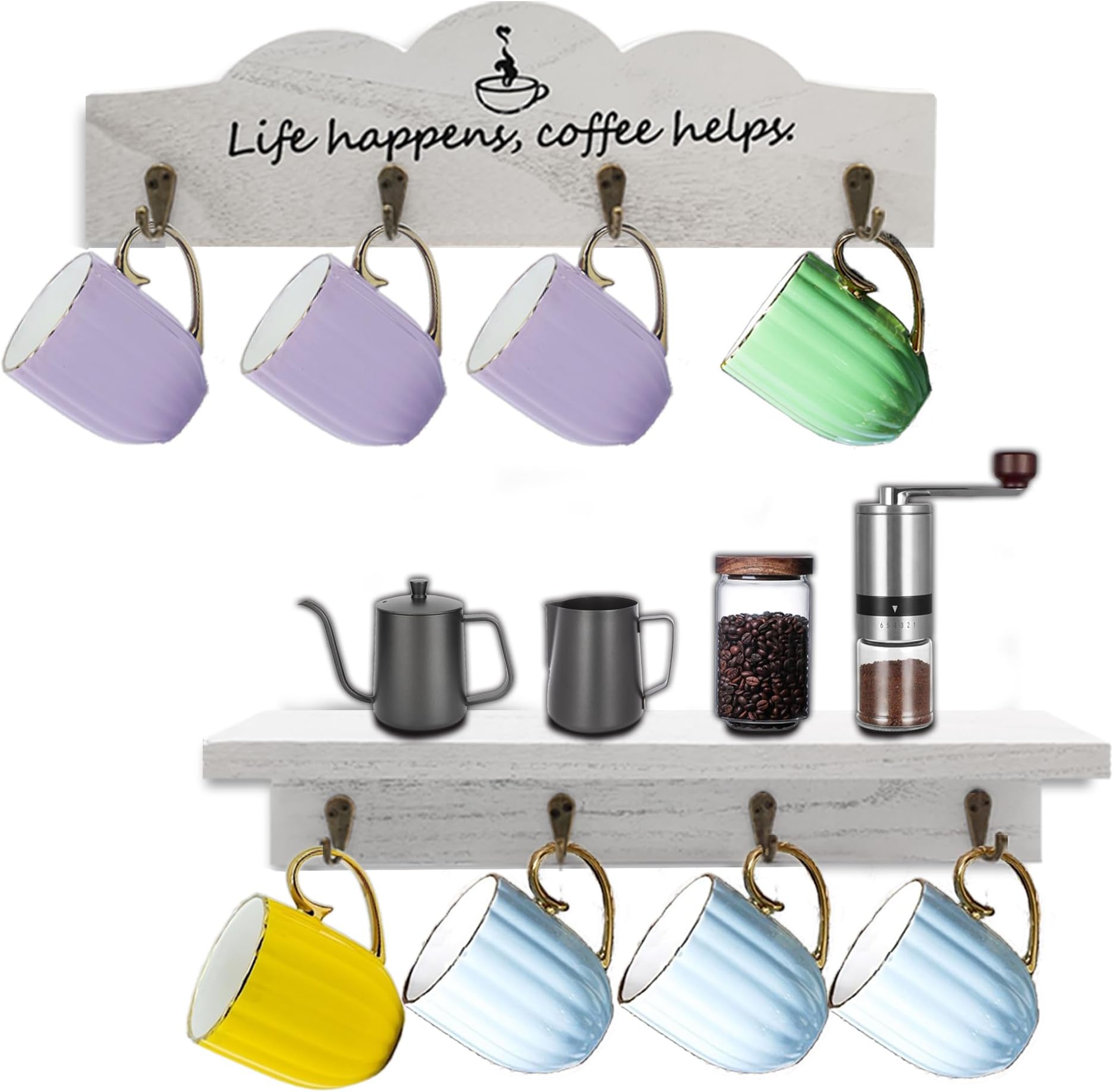 IsmosmCoffee Cup Holder Set of 2 Coffee Mug Holders with 8 Sturdy Hooks Coffee Bar Accessories Mug Rack for Farmhouse Kitchen Decorations, Coffee Station Decor, Mug Organizer, Mug Display (White)
