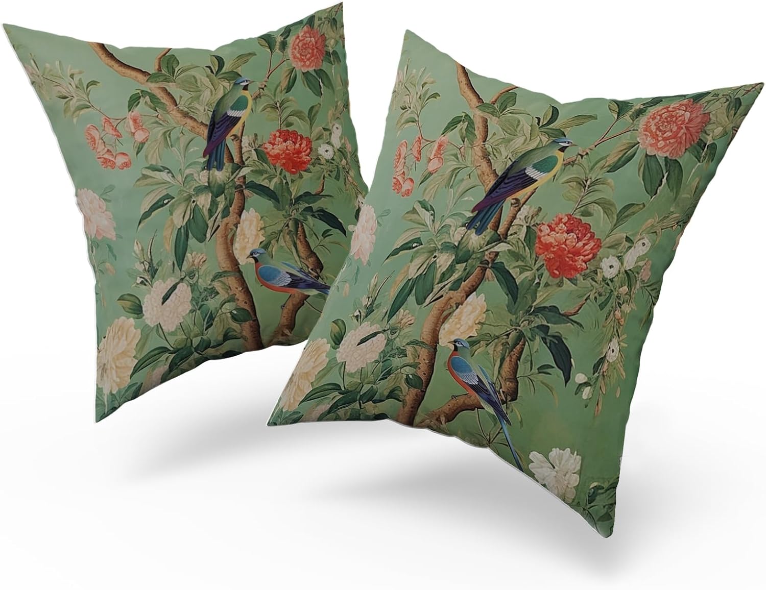 Green Chinoiserie Pillow Cover 20x20 Inch Vintage Bird Flower Throw Pillow Covers Farmhouse Floral Decorative Pillowcase Outdoor Cotton Square Cushion Cover for Couch Sofa Bedroom Decor (Pack of 2) - Image 7
