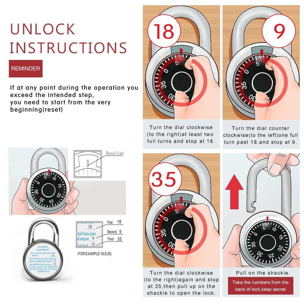 Cerradura de combinación de esfera estándar, con diferentes combinaciones, placa giratoria roja, cerradura de combinación de tres dígitos preestablecida para comodidad sin llave, ideal para