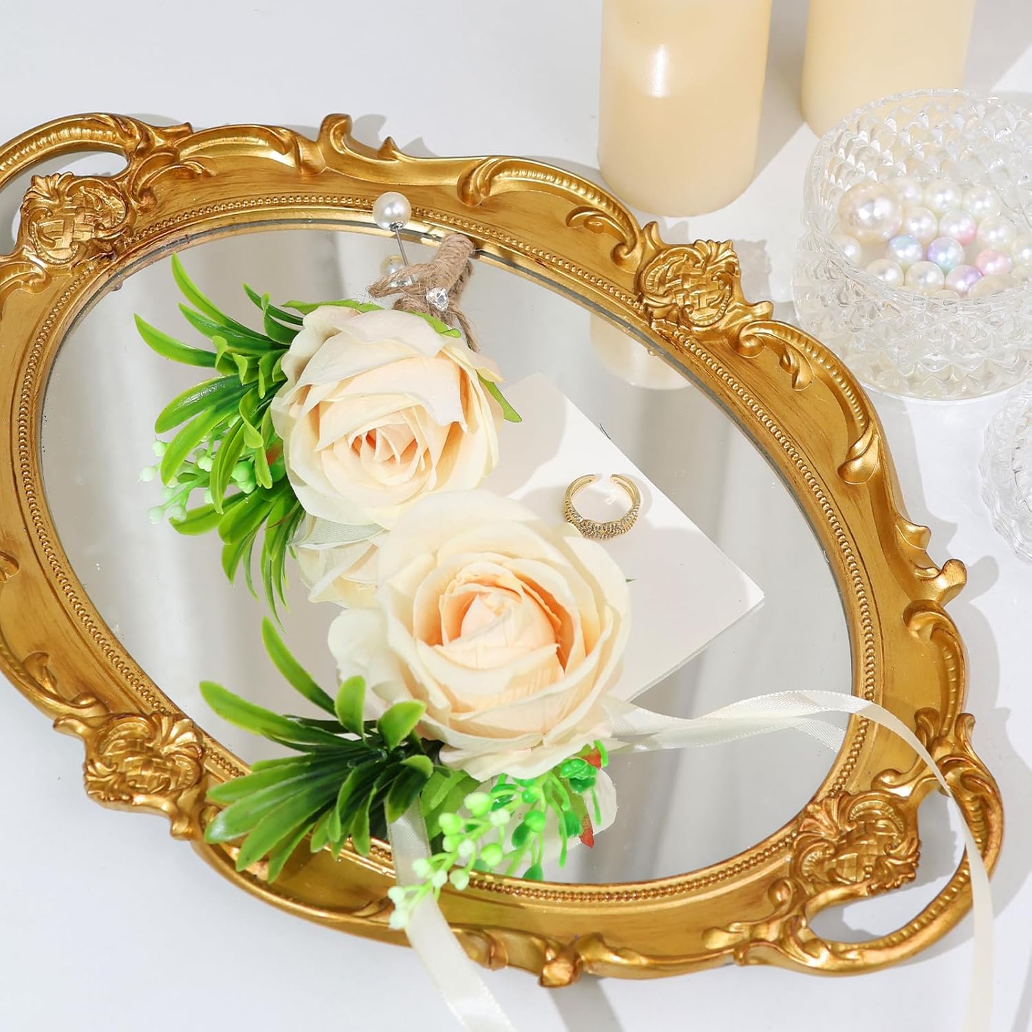 BINSUNS Wedding Bouquets for Bride Bridesmaid, 7''W Bridal Bouquets with Ivory Corsage and Boutonniere Set for White Wedding Flower Accessories Church Decoration Prom Suits(7IN) - Image 3