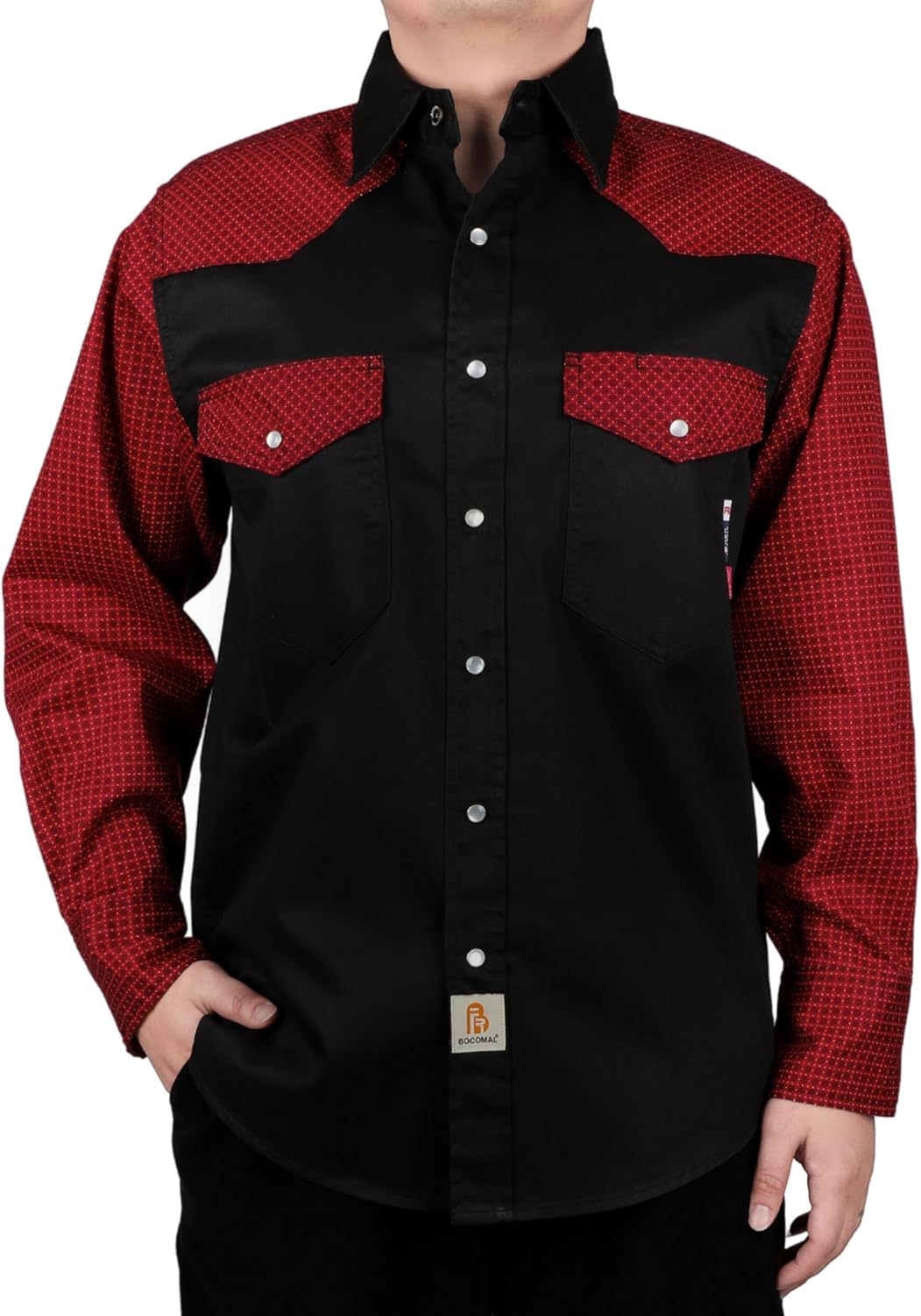 BOCOMAL FR Shirts Pearl Snaps Two Tone Plaid/Solid Flame Resistant Cotton Welding Shirt NFPA 2112 CAT 2