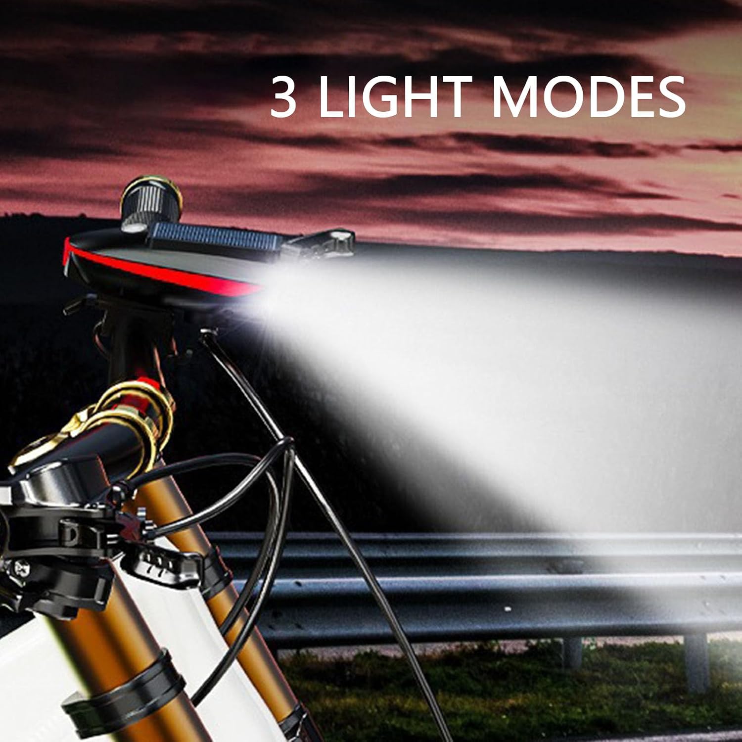 Solar Bike Front Light 3 Modes IPX4 Water Proof Rechargeable Bike Headlight with 5 Modes Horn