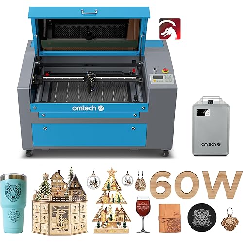 OMTech 60W CO2 Laser Engraver with LightBurn and Water Chiller, 16"x24" Laser Engraving Cutting Machine with Air Assist 2 Way Pass Digital Controls, Commercial Laser Cutter