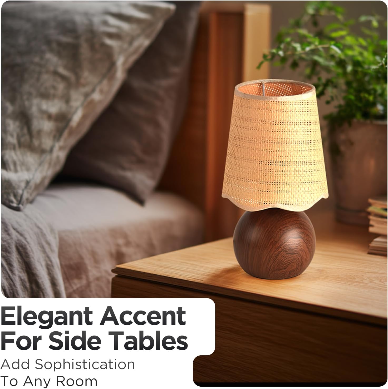 Minimalist Rattan Table Lamp, 11' Height, Woven Lampshade & Walnut-Style E26 Socket Metal Base, Bedside Nightstand Desk Light, Boho Modern Decor for Bedroom Livingroom (Bulb Not Included)