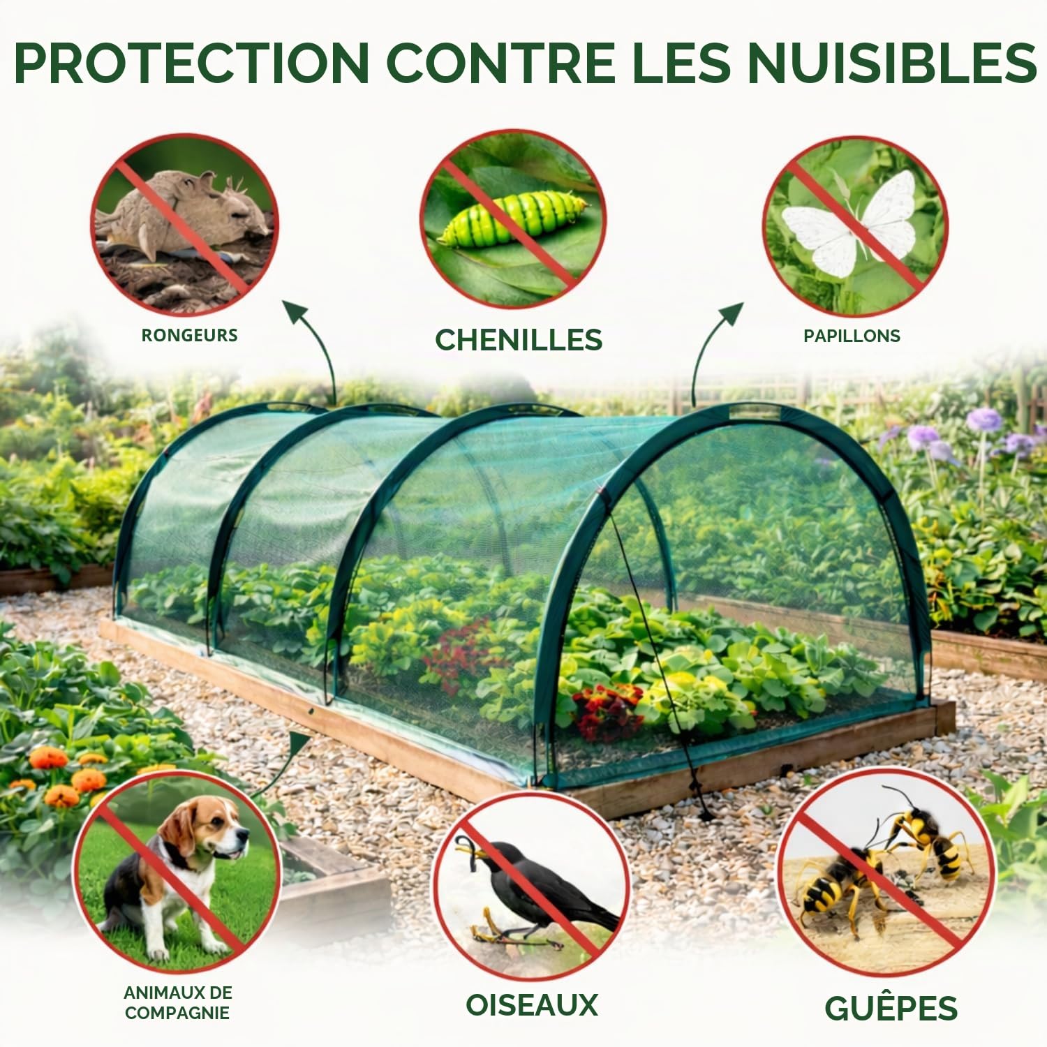 GardenSkill Serre Tunnel Jardin 500x100cm | Tunnel Potager avec Filet Anti-Oiseaux Anti-Insecte | Protection pour Semis, Salade, Poireaux, Fraises, Jardinières | Housse de Croissance, 4 Portes Zippées
