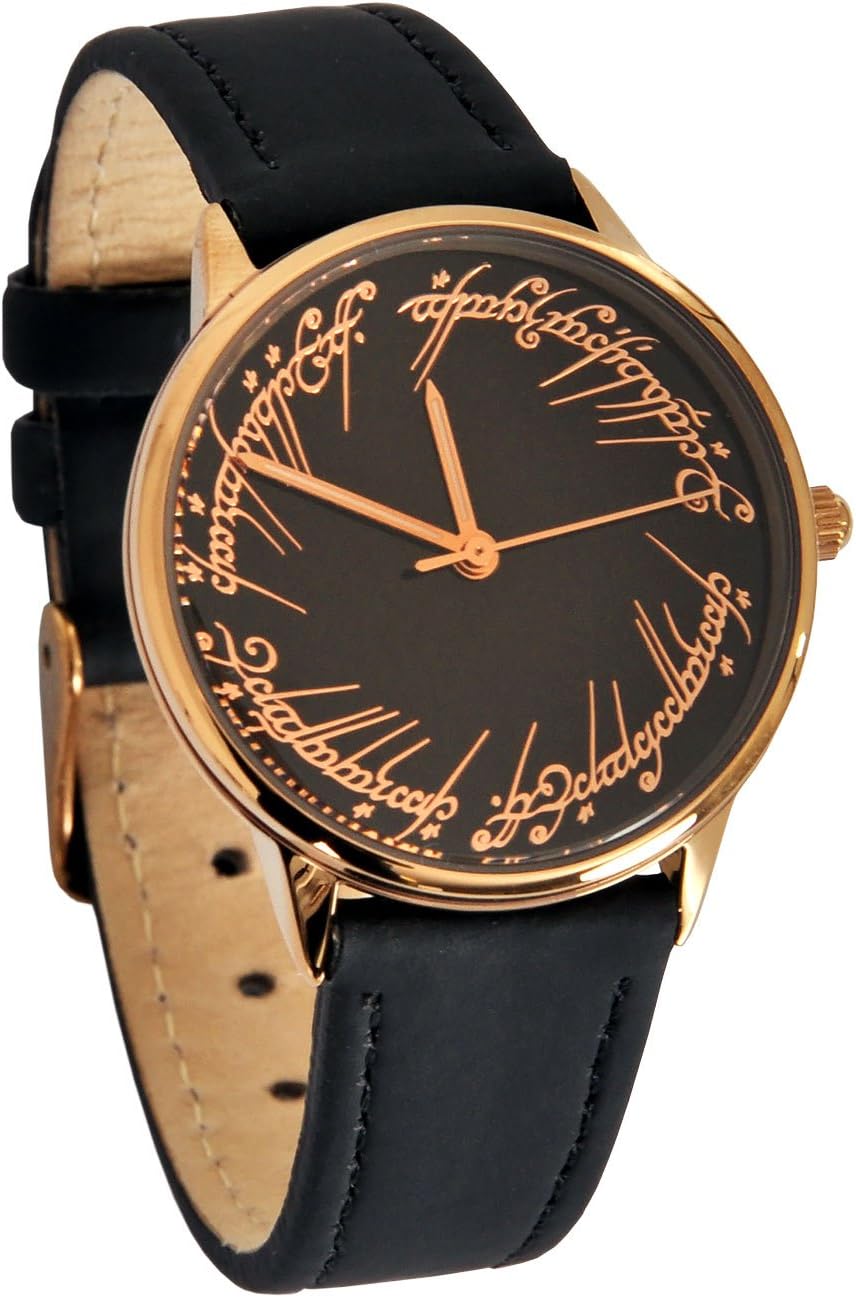 ElbenwaldElbenwald Lord of the rings wristwatch with an Elbian inscription of the one ring with real leather bracelet for women black gold