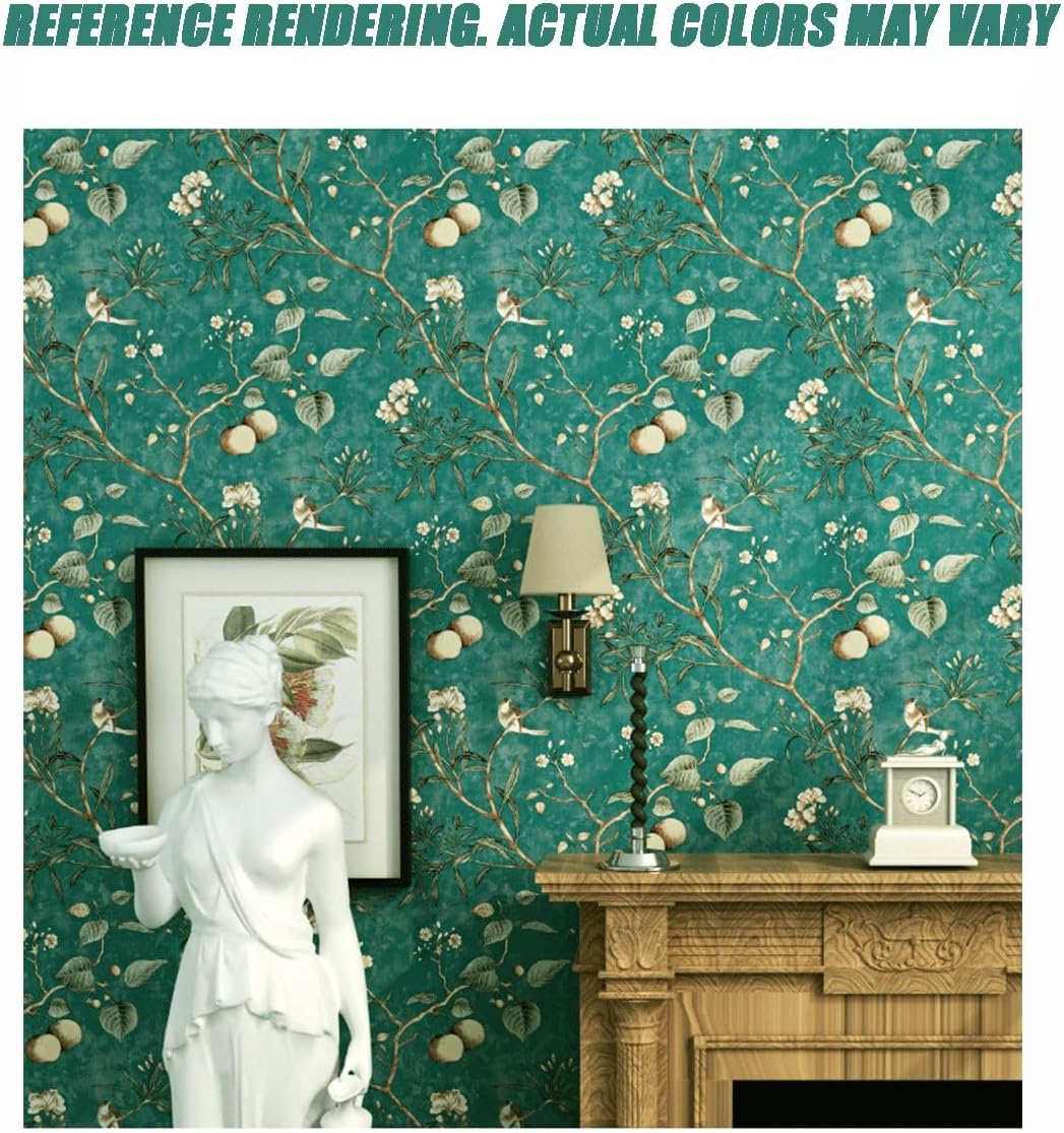 Retro Floral Peel-and-Stick Wallpaper Floral Contact Paper Self-Adhesive Removable for Bedroom Decor(Green)