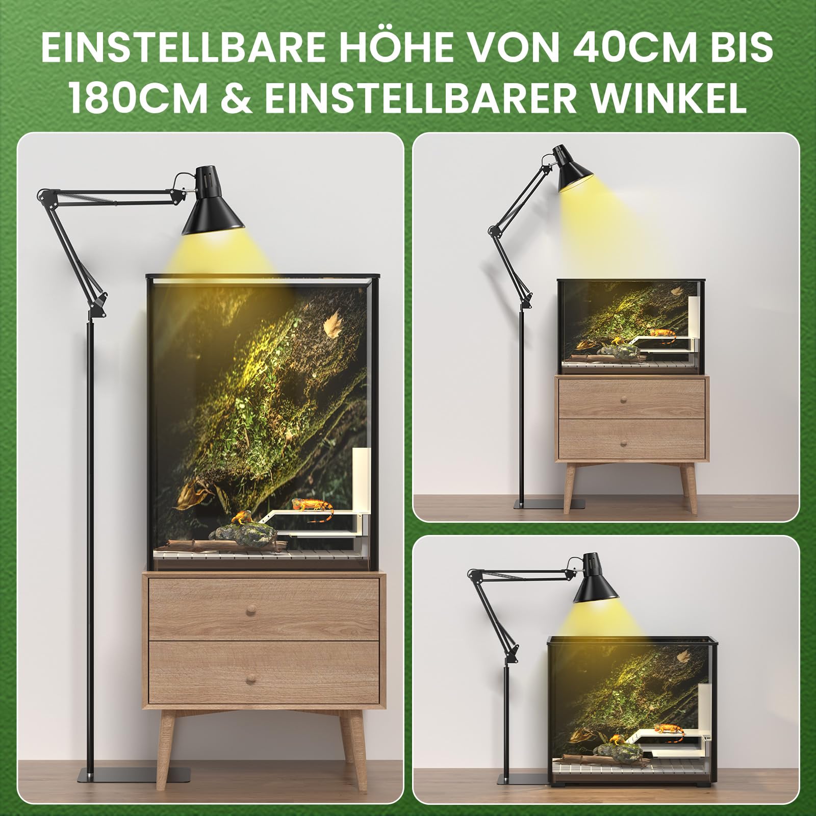 GlowUp Reptilien Lampenständer Verstellbarer 40-180CM, Hoch Reptilien Wärmelampenständer mit E27 Lampenschirm, Reptilien Lampenhalter Terrarium, Lichtständer für Schildkröten Spinne (Ohne Glühbirnen)