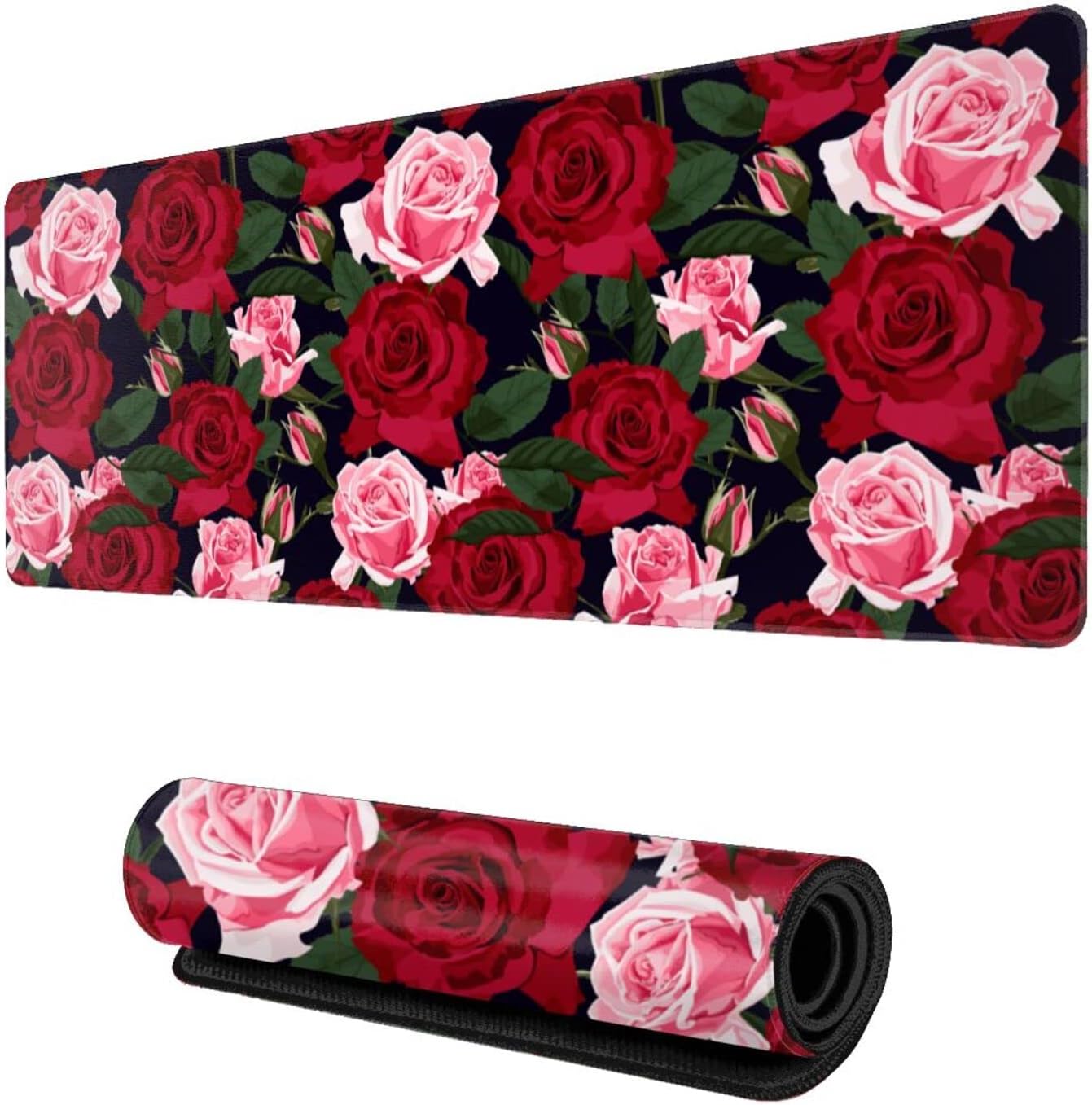 Extended Long Cute Large Mouse Pad, Vintage Roses Floral Gaming Mousepad Laptop Pad, XL Big Full Flower Table Mat Desk Mat for Desktop and Keyboard for Women Office Gifts, (Red and Pink 31.5*11.8 in)