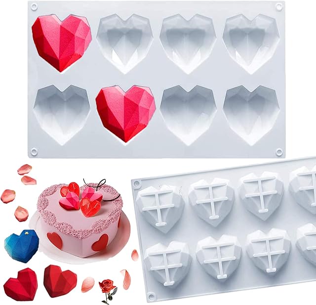 Uhat Silicone Mold 3D Heart High Circle Ball Double Layer Cherry Shape Bakeware Mold Chocolate Soap Cake Dessert (8 Cavity 3D Diamond Heart Shape)