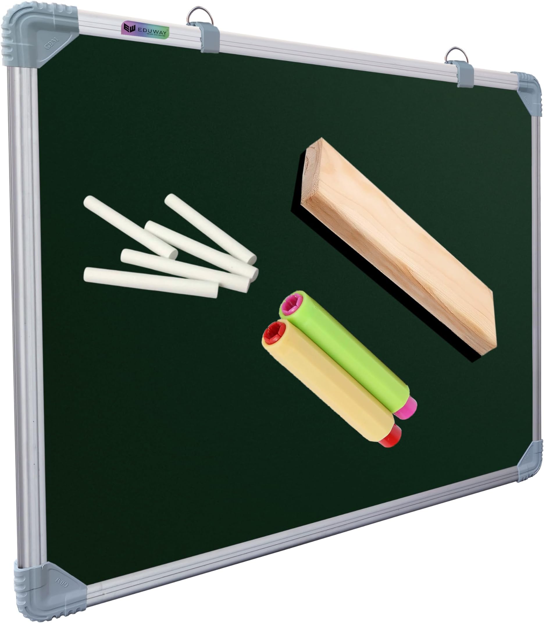 - Eduway 2x2 Ft. Kunj Non-Magnetic Double-Sided Chalk Board & White Board (Combo Pack) with 1 Wooden Duster, 2 Chalk Holders, 10 Non-Dust Chalk Sticks for Kids, School, Teaching, (59x59 Cms) - Green.