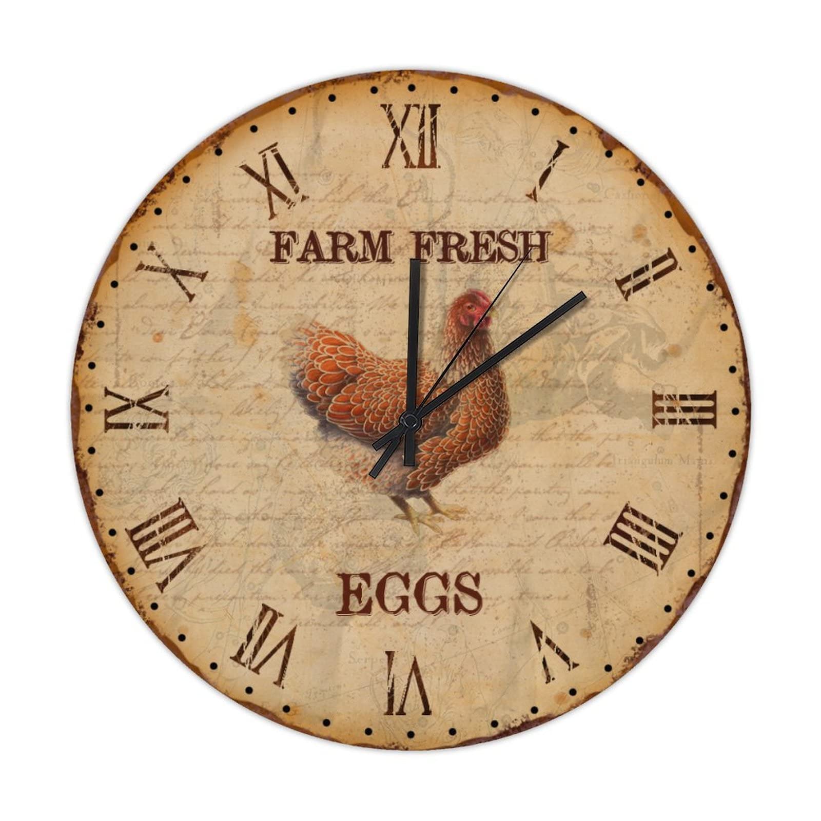 Horloge ronde en bois coq et œufs de la ferme rétro 38 cm pour cuisine