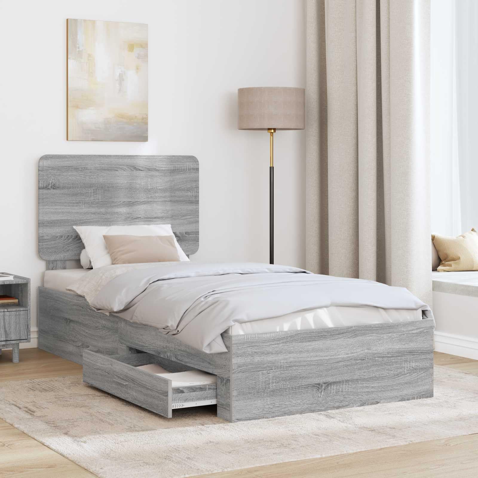 Letto Singolo con Contenitore Grigio Sonoma 75x190 cm Legno Multistrato con Cassetti e Testiera per Cameretta e Ospiti Design Moderno armadio Struttura Letto con Contenitore