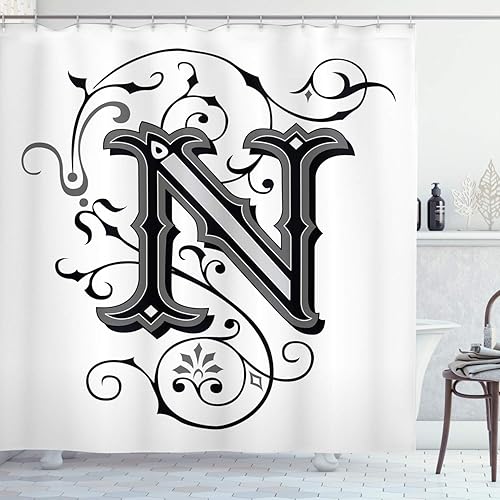 Ambesonne Letra N - Cortina de ducha, diseño de elementos abstractos de la Edad Media, paleta de colores negros oscuros, juego de decoración de baño