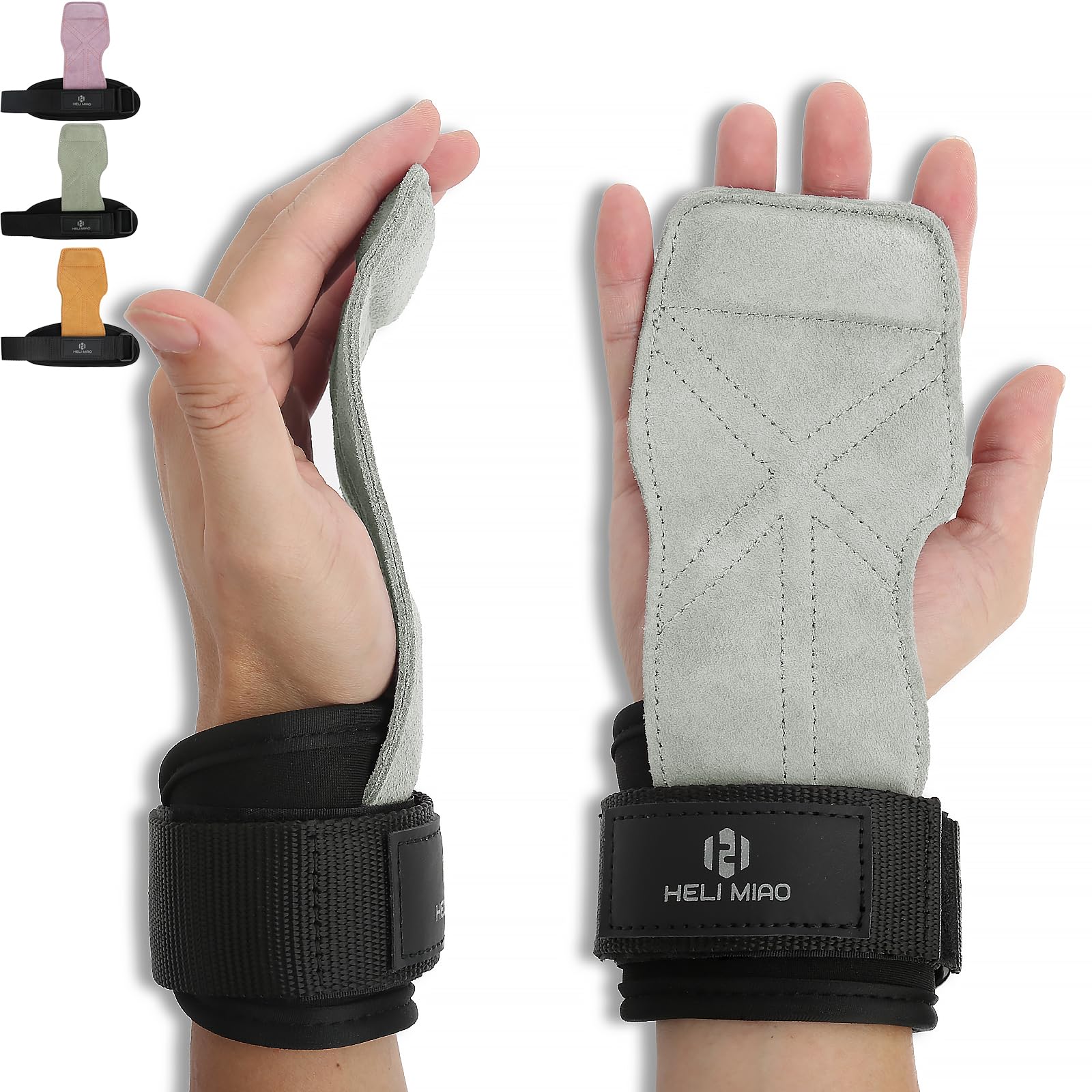 HELI MIAO Fast Grip Leder Zughilfen Krafttraining Profi Schnellverschluss für Bodybuilding, Fitness, Crossfit, Krafttraining, Powerliftin - Lifting Straps für Frauen und Männer, Grau