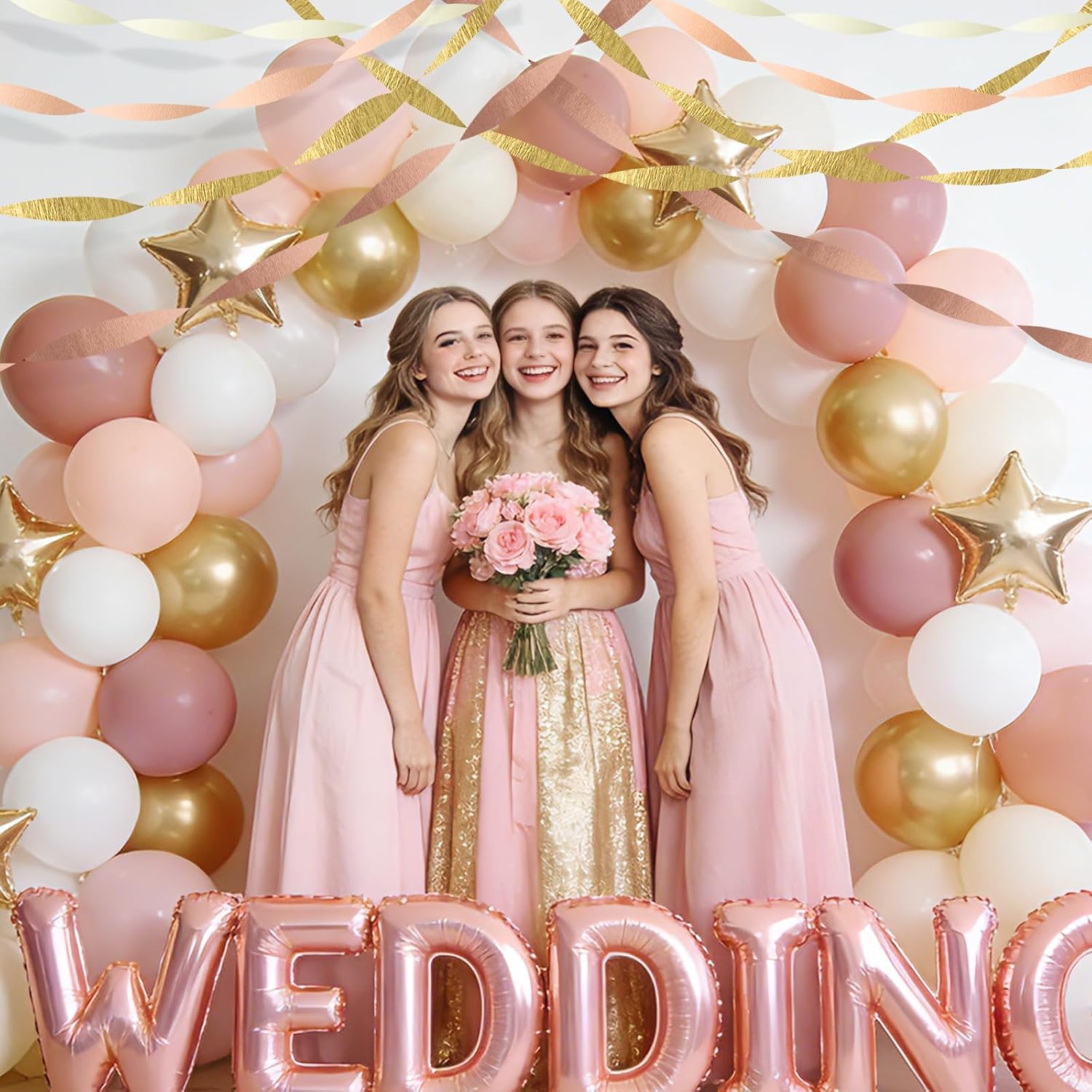 AOYOO Rose Gold Pink Streamers - 6 Rolls Metallic Gold & Blush Crepe Paper Streamer Decorations for Birthday, Wedding, Bridal Shower, Baby Shower, Bachelorette - Elegant Boho Hanging Backdrop Decor