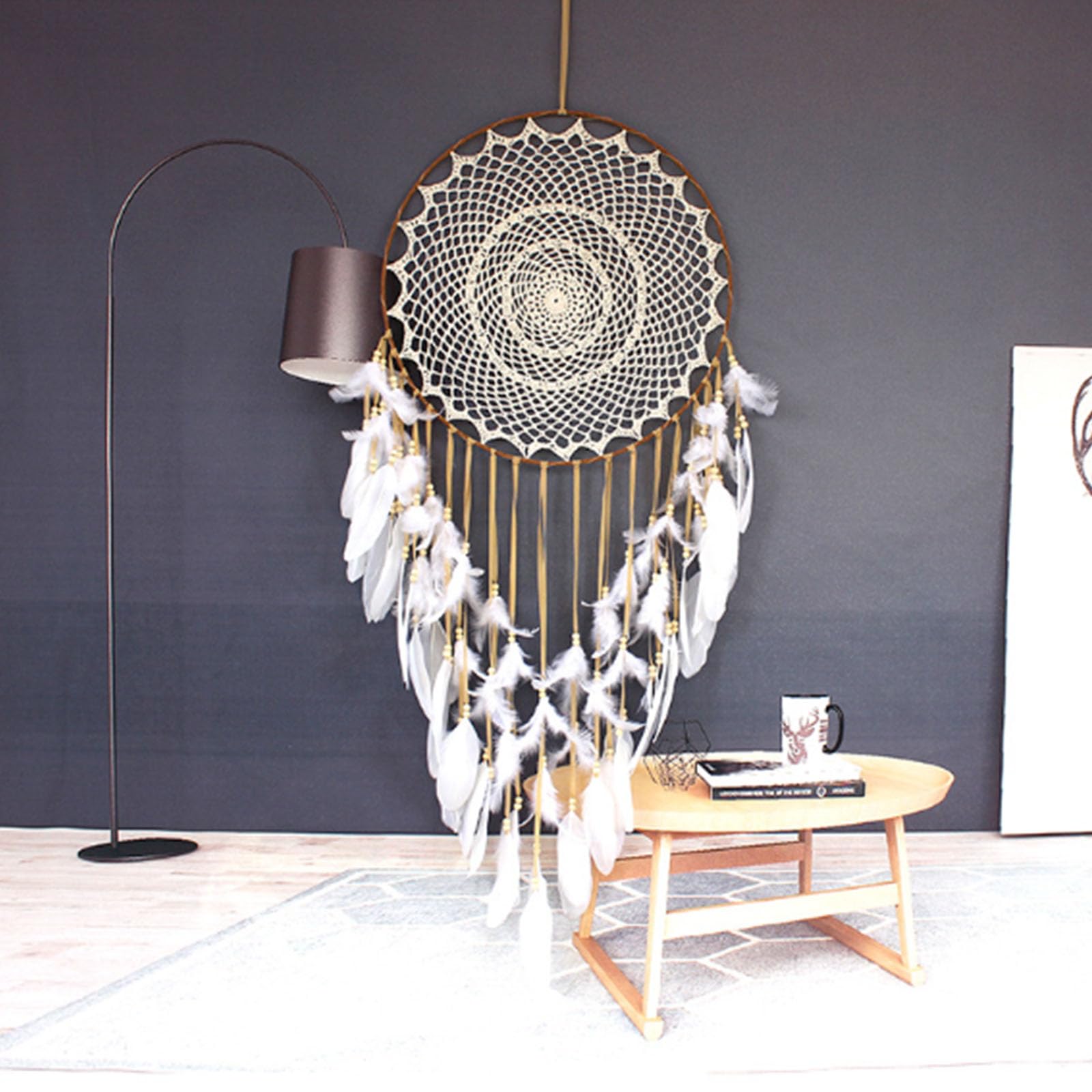 Europäischer und amerikanischer kreativer Haken-Blumen-Traumfänger, Feder-Windspiel, Dekoration für Zuhause, Veranda-Innendekoration, Hochzeitshintergrund, großer Anhänger