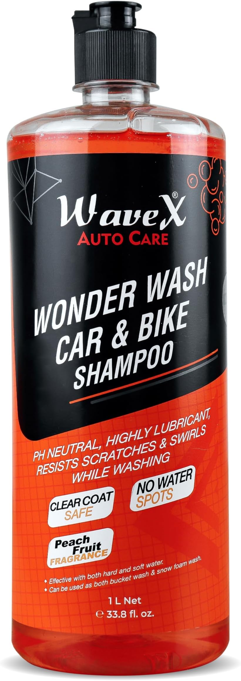Wonder Wash Car Shampoo 1L pH Neutral Formula For Spot Free Cleaning - Honey Thick, Luxurious Suds Always Rinses Clean, Peach Fruit Fragrance