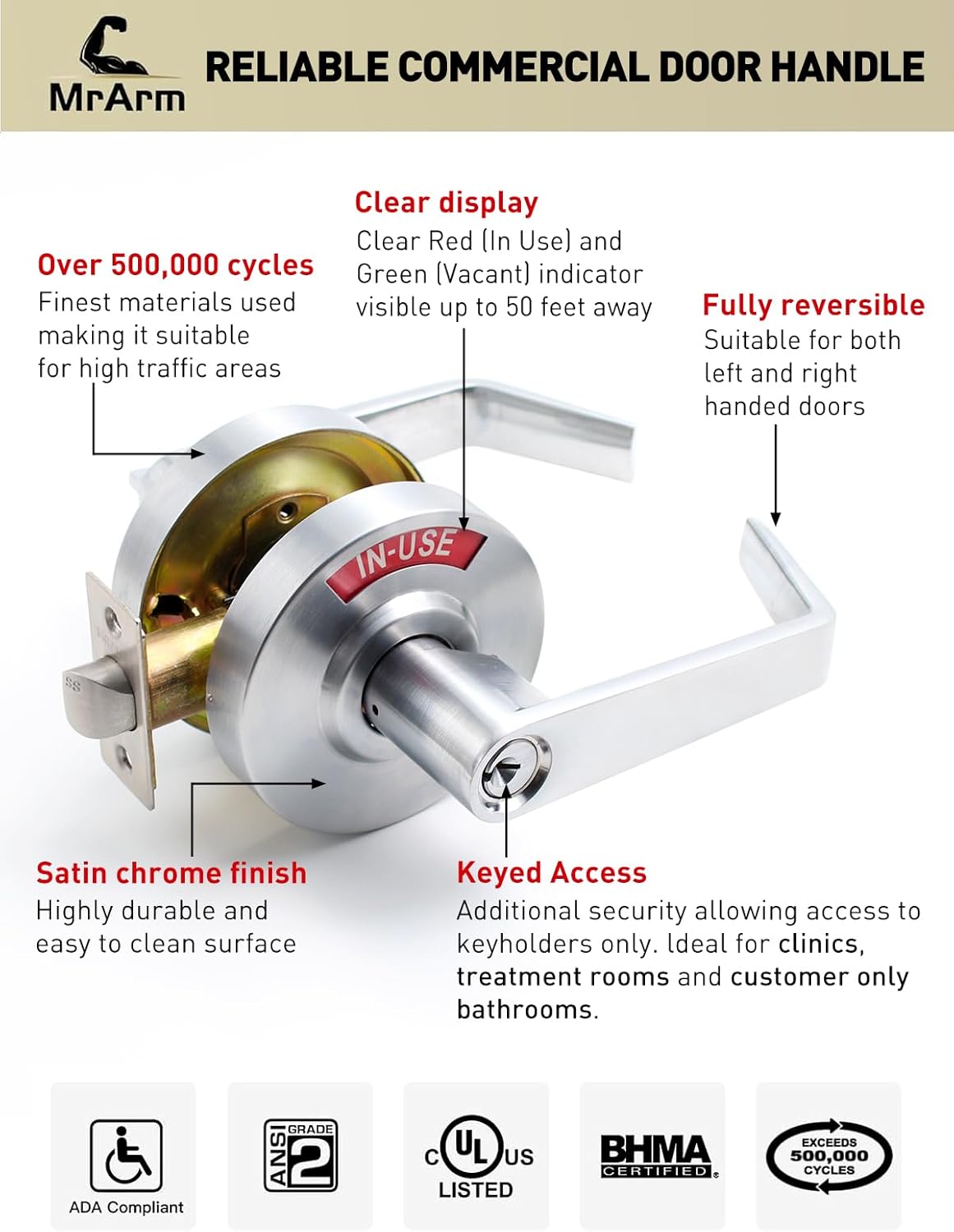 MrArm Keyed Entry Privacy Indicator Lock, Large Grade 2 Commercial Door Handle, Bathroom Door Handle Perfect for Public Restrooms Including Restaurants, Hospitals, Medical Offices, Satin Chrome