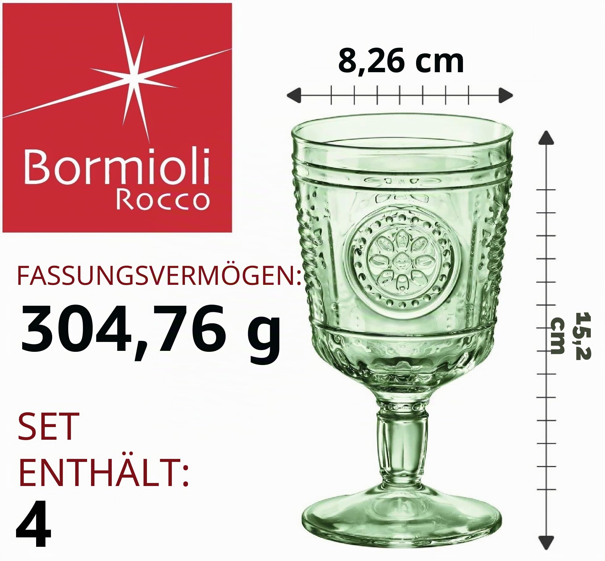 Bormioli Rocco Romantisches Set mit 4 Stielgläsern, 305 ml, farbiges Kristallglas, Pastellgrün, hergestellt in Italien.