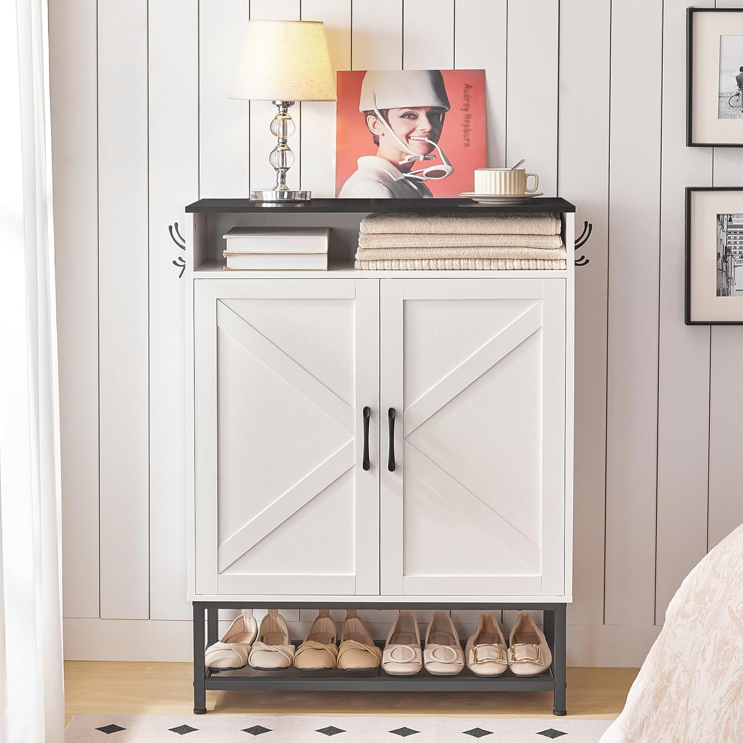 Shoe Storage Cabinet, Farmhouse Shoe Cabinet for Entryway, 6-Tier Shoe Organizer with Doors and Shelves, Narrow Hidden Freestanding Shoe Rack Cabinet for Entrance, White and Black SHHW9501 - Image 7