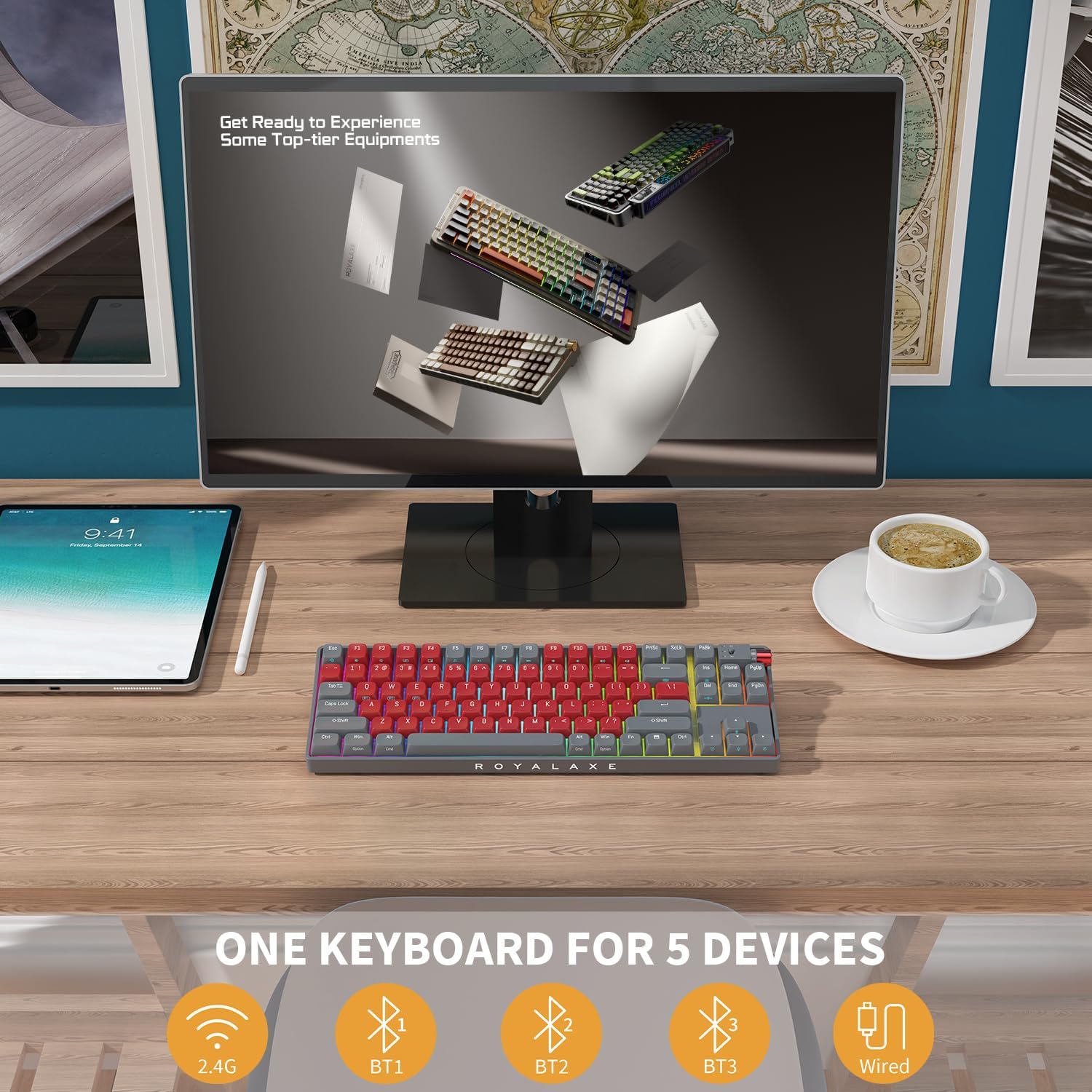 ROYALAXE R87 keyboard connected to multiple devices via 2.4G, Bluetooth, and wired
