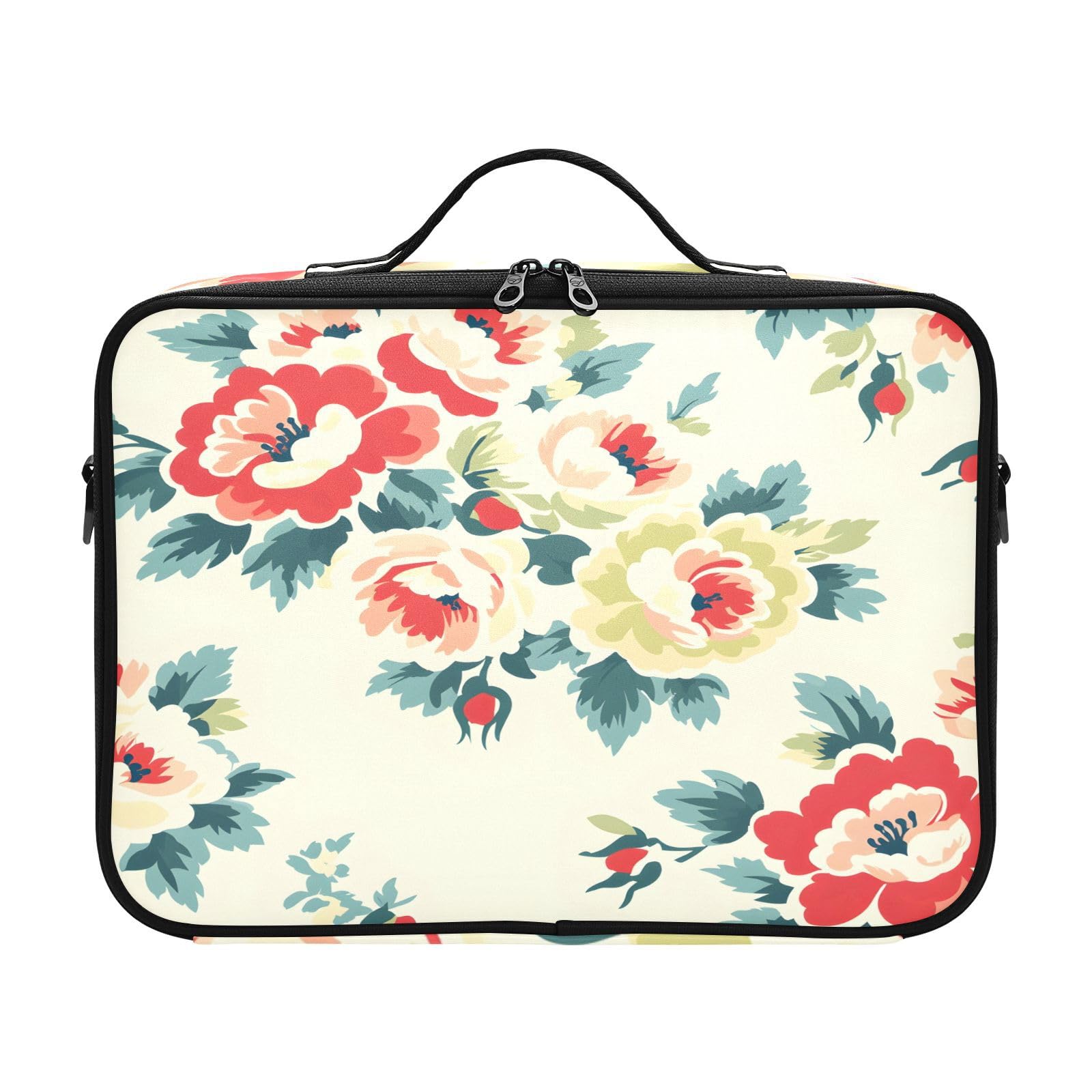 zyrtty Travel Makeup Train Case Red Flower Yellow Green Leaves Cosmetic Organizer Portable Storage Bag with Adjustable Dividers for Cosmetics Brushes Toiletry Jewelry Digital Accessories
