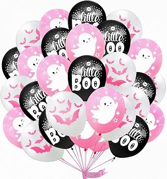 Happy Halloween balloons, pink white and black latex balloons with cute ghost, spider web, pink bat design for party favors, baby shower, Halloween birthday party decorations
