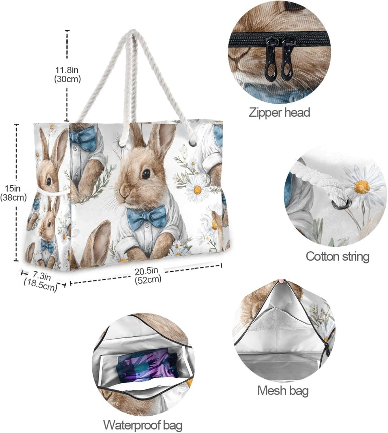 OTVEE Bow-tied Rabbit with White Daisies Beach Bags for Women Ladies Large Canvas Tote Shoulder Bag Waterproof Travel Bags for Gym Swim Pool Camping