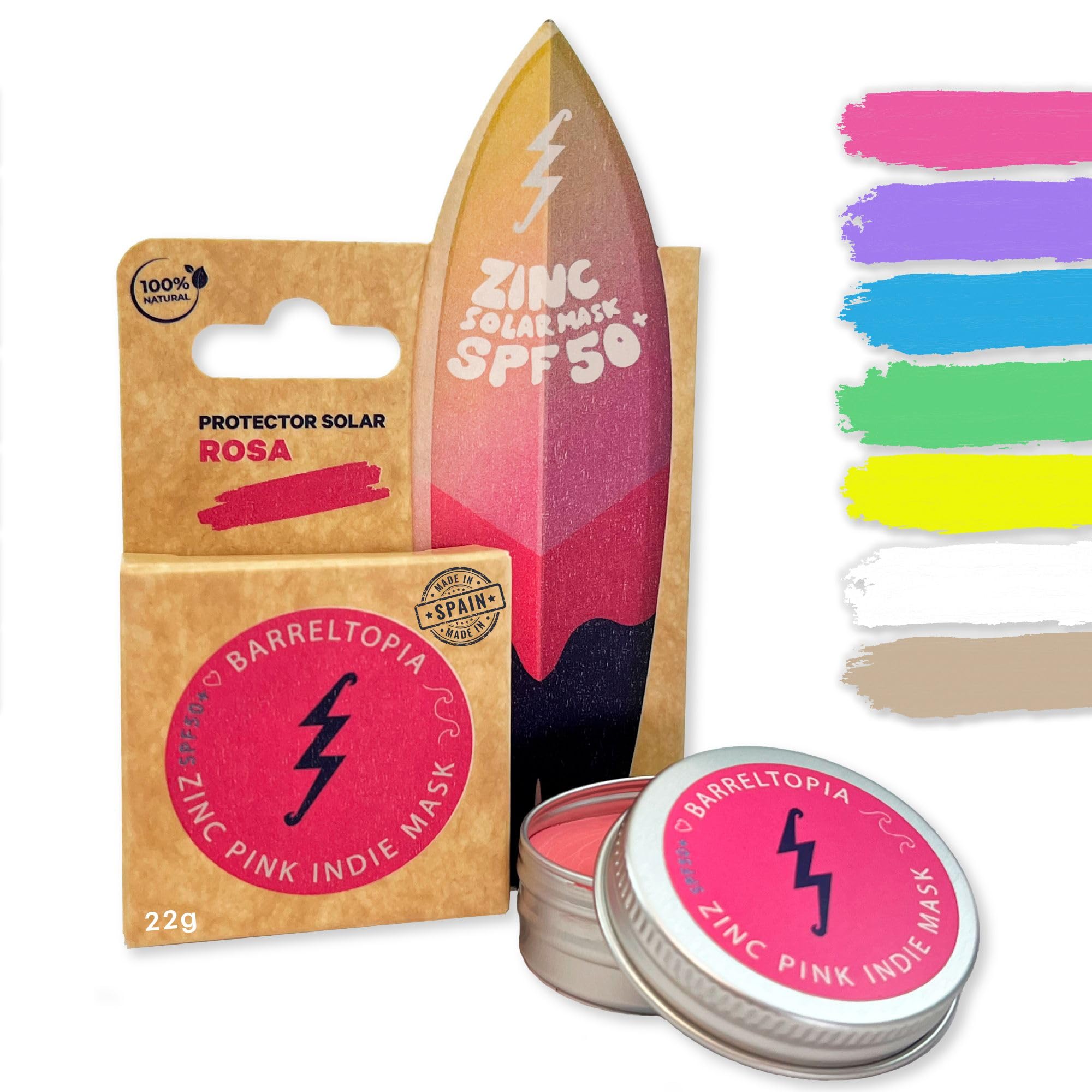Barreltopia Protector Solar Facial SPF 50 + Zinc Crema Surf Colores - Bloqueador Solar Facial 50 - Sun Zapper Waterproof Eco Natural (Rosa)