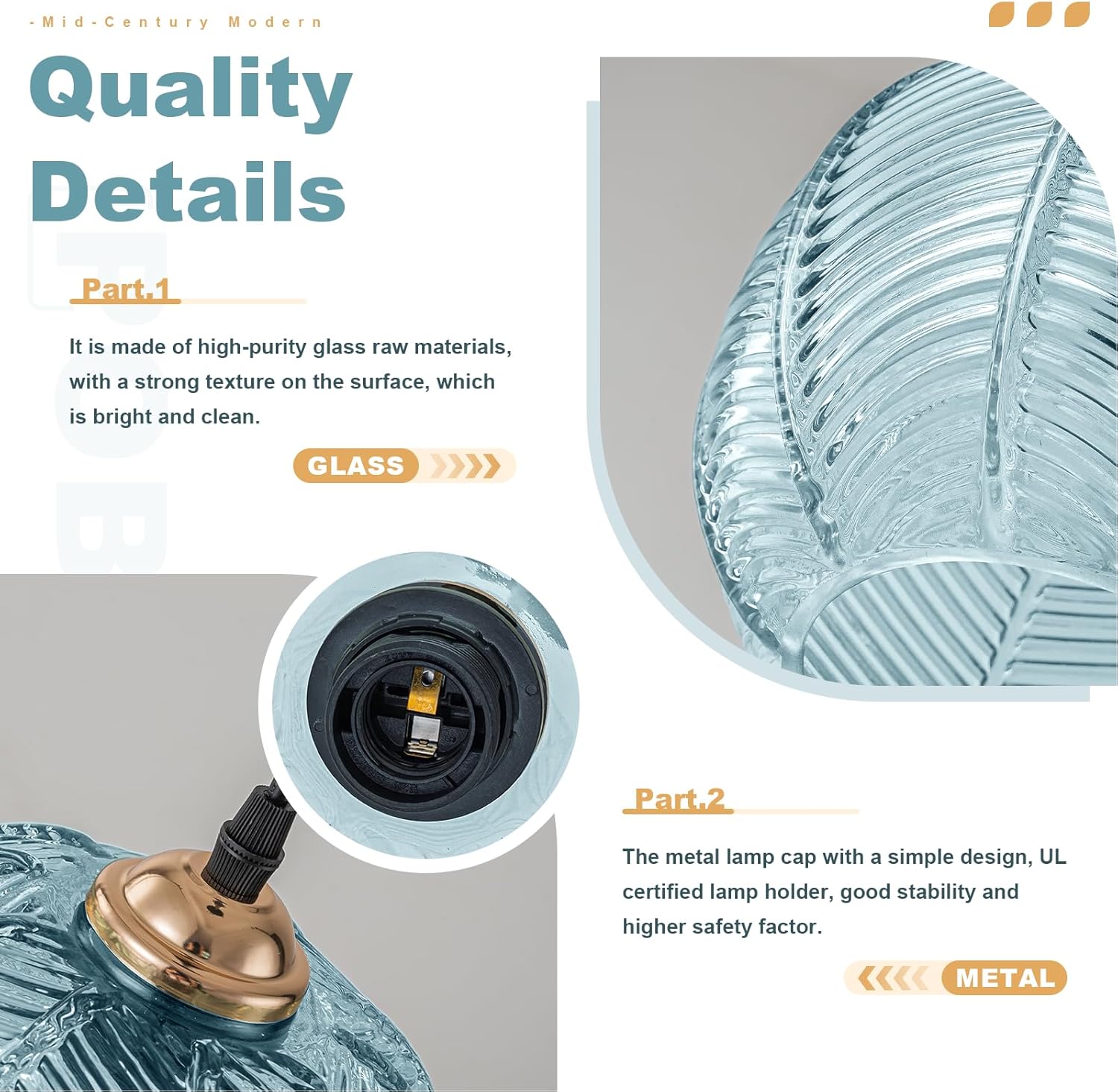 Blue Glass Plug in Pendant Light for Bathroom, Ceiling Light with 14.76ft Long Cord, Kitchen Corded Light Fixture, 8.7" Ribbed Globe, Living Room Corner Hanging Lamp that Plug into Wall Outlet