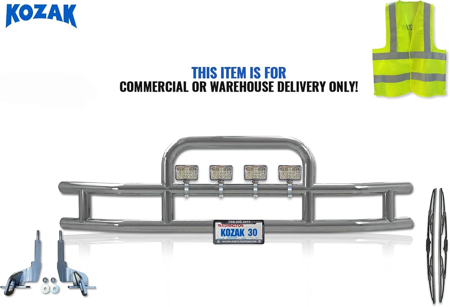 KOZAK Compatible With Freightliner Cascadia 2018+ Front Grille Deer Moose Bumper Guard- 4x6" LED Lights, 2x22' Wipers, License Plate Holder and Frame, Logo, Brackets, KOZAK Reflective Vest Included