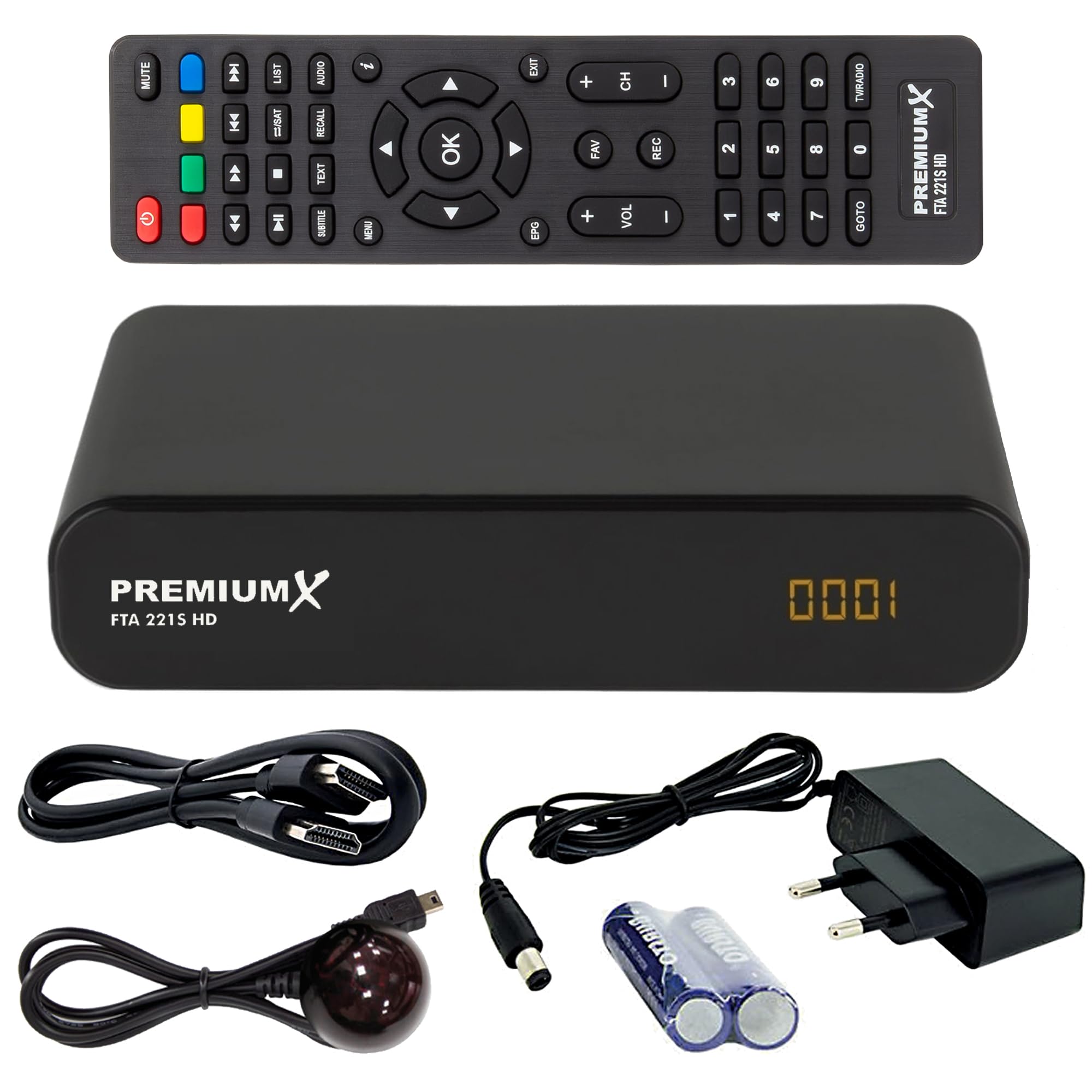 Receptor de satélite Premium X HD 221S - DVB-S2 FTA Receptor de satélite digital compatible con Unicable, HDMI y SCART, reproductor multimedia USB, transmisor alemán compacto preinstalado