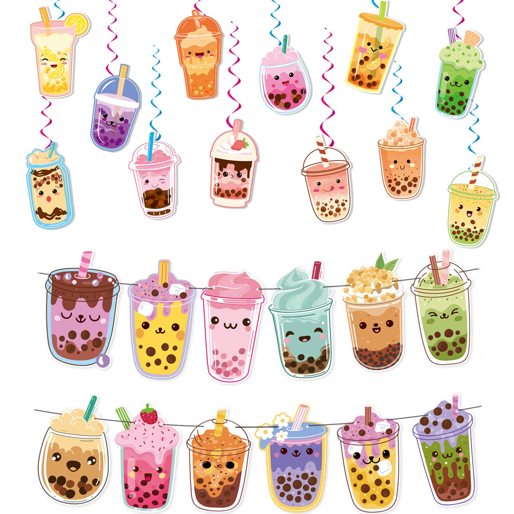 26 Pcs Boba Tea Hanging Swirls Boba Tea Banners Bubble Tea Ceiling Swirls Decorations Hanging Decorations for Boba Tea Birthday Decorations Party Supplies