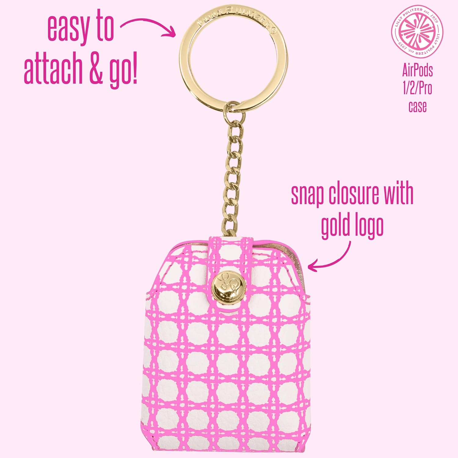 Lilly Pulitzer Leatherette AirPods Holder, Cute Keychain Case with Access to Charging Port, Havana Pink Caning
