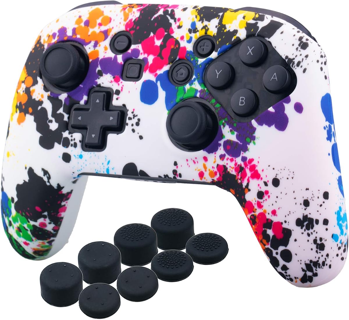 YoRHa Studded Silicone Transfer Print Cover Skin Case ONLY for Nitendo Official Switch Pro Controller x 1(Graffiti) with Pro Thumb Grips x 8